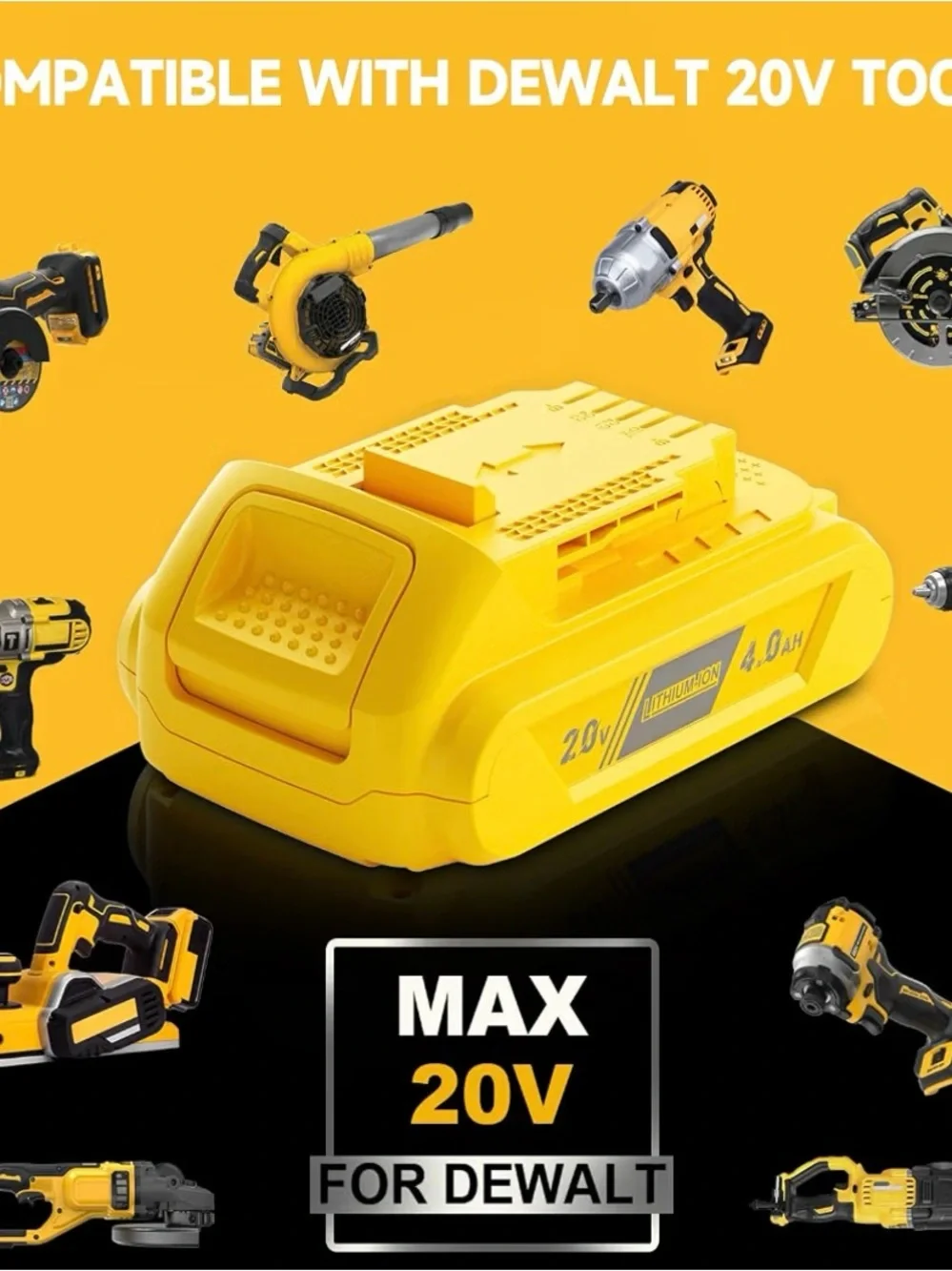 20V Yellow Lithium-Ion 4.0Ah Replacement Battery Pack - fits Dewalt 20V Max